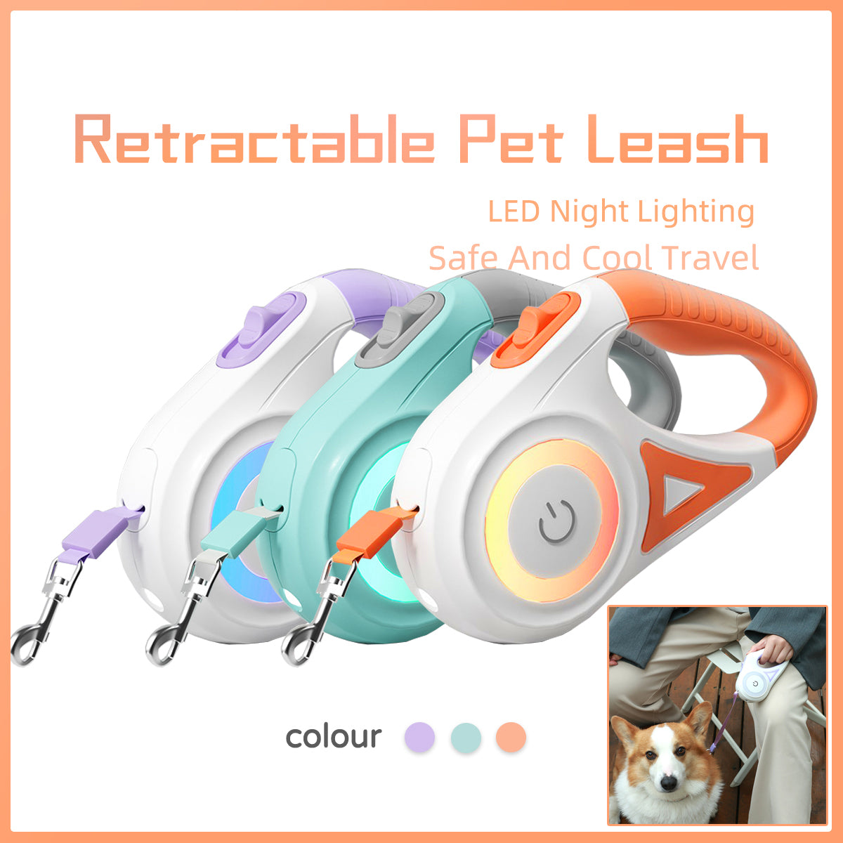 Retractable Dog Leash with LED Light – Automatic Pet Leash & Collar for Small & Medium Dogs