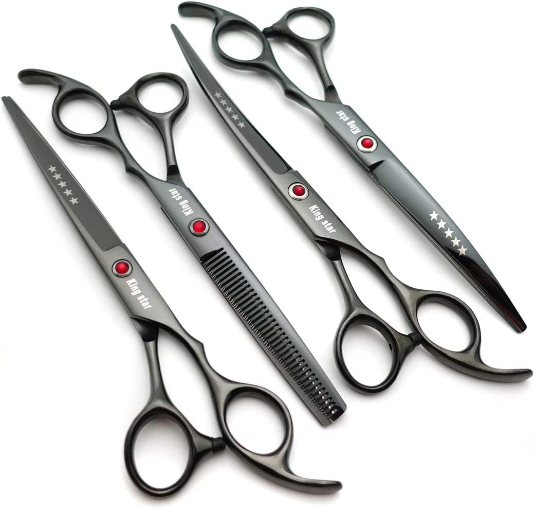 Titanium Professional Dog Grooming Scissors Set,Straight & Thinning & Curved Scissors 4Pcs Set for Dog Grooming (Bright Black)