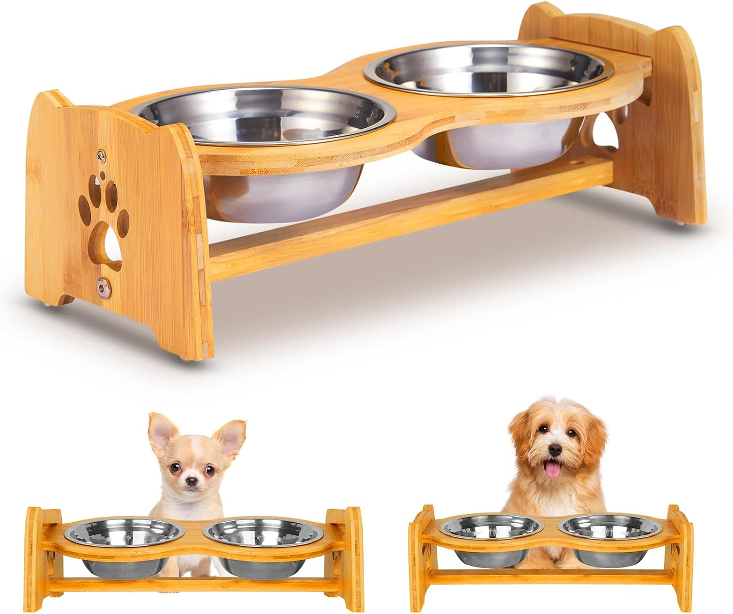 Adjustable Elevated Bamboo Pet Feeder with 2 Stainless Steel Bowls – Raised Food & Water Stand for Small Dogs & Cats (4"–4.5")