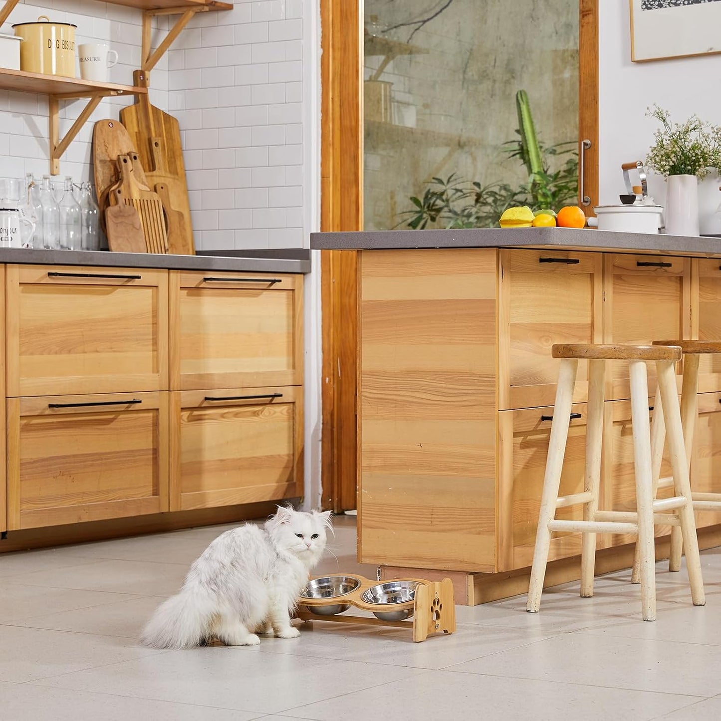 Adjustable Elevated Bamboo Pet Feeder with 2 Stainless Steel Bowls – Raised Food & Water Stand for Small Dogs & Cats (4"–4.5")