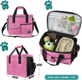 Dog Travel Bag Organizer, Pet Travel Kit with 2 Food Containers & 2 Collapsible Dog Bowls, Pet Supplies Tote with Luggage Sleeve, Weekend Road Trip Camping Essentials, Pink, Medium