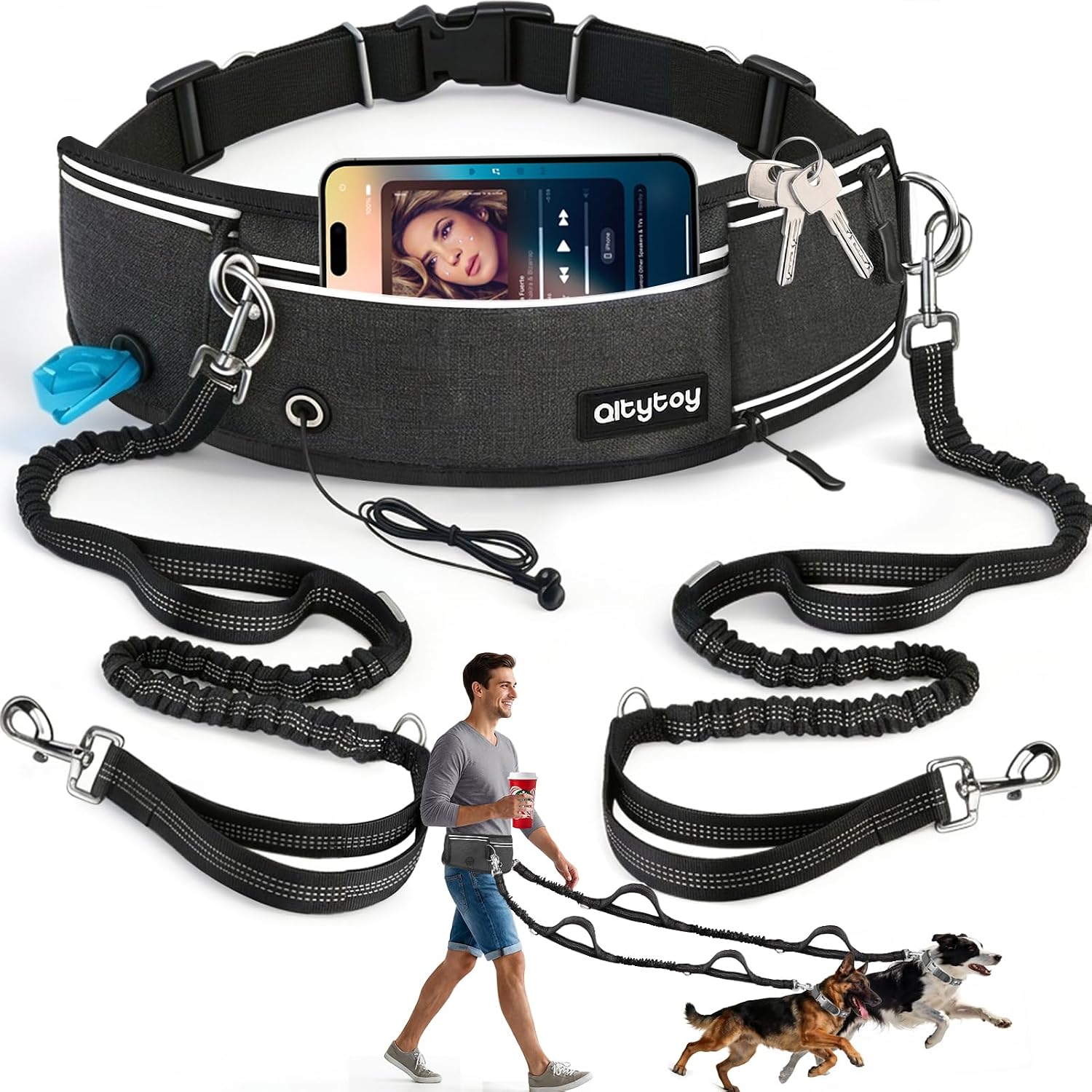 Hands-Free Double Dog Leash for 2 Dogs: Heavy-Duty Shock-Absorbing Bungee, Adjustable Waist Belt – Perfect for Running, Hiking & Daily Walks (Medium & Large Dogs)