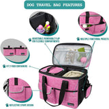Dog Travel Bag Organizer, Pet Travel Kit with 2 Food Containers & 2 Collapsible Dog Bowls, Pet Supplies Tote with Luggage Sleeve, Weekend Road Trip Camping Essentials, Pink, Medium