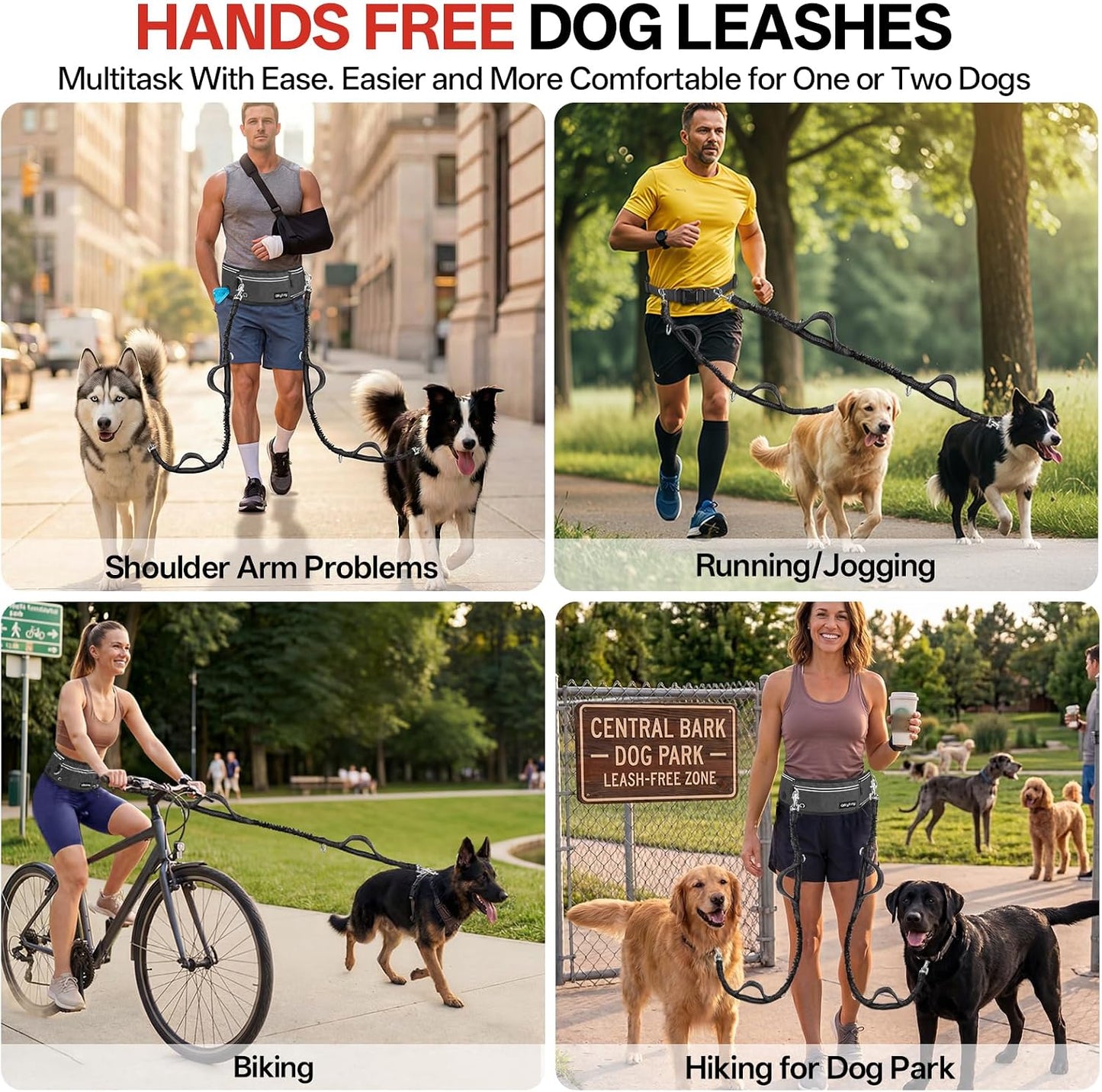Hands-Free Double Dog Leash for 2 Dogs: Heavy-Duty Shock-Absorbing Bungee, Adjustable Waist Belt – Perfect for Running, Hiking & Daily Walks (Medium & Large Dogs)