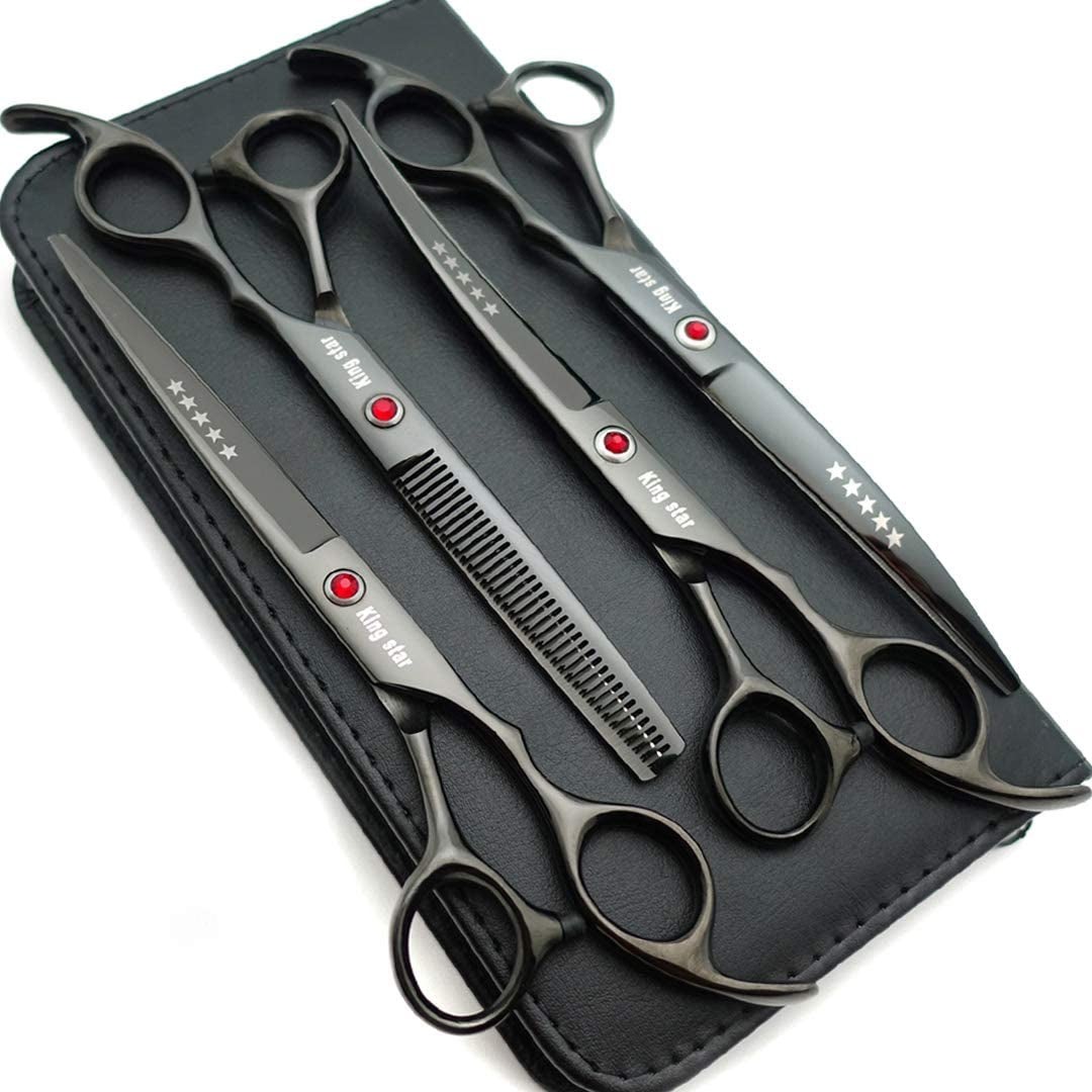 Titanium Professional Dog Grooming Scissors Set,Straight & Thinning & Curved Scissors 4Pcs Set for Dog Grooming (Bright Black)